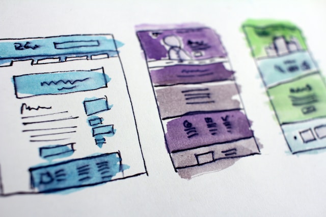 drie vlakken elk in een andere kleur. design elementen voor website concept. kleur blauw. paars en groen.