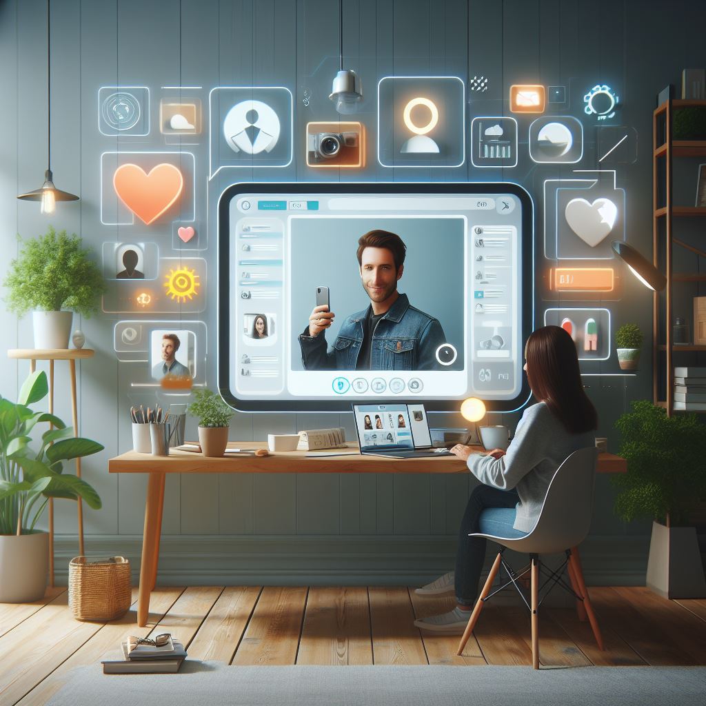 Een foto van een werkplek met een groot interactief scherm dat verschillende apps en iconen toont, waaronder een profielfoto van iemand die zijn smartphone vasthoudt. De persoon die op de stoel zit, kijkt naar het scherm en is een LinkedIn strategie aan het maken. Er zijn boeken, pennen en een plant op het bureau. De kamer is modern en goed verlicht.